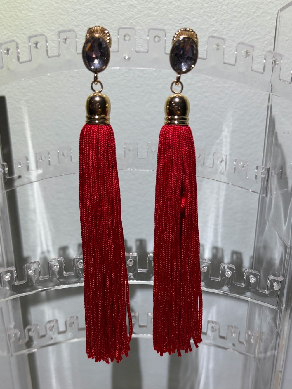 NWOT Long Red Fringe Tassel Dangly Drop Pierced Earrings with Gold Accent